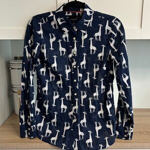 Talbots 100% Cotton Giraffe Print Button Down Shirt Women's XS Blue White Safari